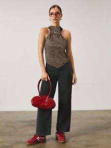 COSMINA Top de mujer con diseño de hebilla ajustable, bajo asimétrico, de moda, color marrón. Top para mujer, prendas superiores para salir, ropa de mujer para otoño - Marrón - Ver 4