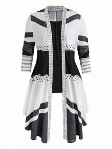 Conjunto de 3 piezas de talla grande para mujeres que incluye: chaqueta con estampado floral, top tipo cami de unicolor y pantalones, para el verano - Negro - Ver 4