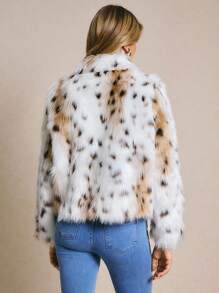 Poéselle Women's Fashionable Leopard Print Faux Fur Coat, Autumn/Winter, Fur Jacket, Leopard Print Coat, Animal Print Coat, Faux Fur Jacket, Snow Leopard Coat - Black and White - View 2