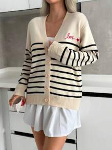 EURMUSE Sweetheart Script Embroidery Striped V-Neck Buttoned Knit Cardigan,Cardigans For Women,Long Cardigans Woman,Petite Cardigans,Cardigans - Black and White - View 3