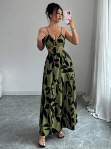 Elenzga 女装夏季新款吊带收腰花卉印花连衣裙（不对称花卉图案） - 軍綠色 - 查看 7