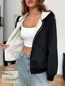 SHEIN EZwear Women's Casual Loose Fit Black Knitted Hooded Fleece Sweatshirt, Winter,Long Sleeve Tops - Black - View 7