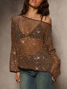 Aloruh Khaki Sequin Sheer Long Sleeve Top, Suitable For Party In Autumn,Fall - Khaki - View 5