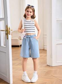 SHEIN Tween Girls Spring Summer Basic Casual Light Washed High Waisted Loose Fit Ruffle Waist Drawstring Denim Long Shorts With Bowknot And Rolled Hem Pockets,Girls Summer Beach Boho Vacation Comfortable Shorts Outfits,Summer Rave Concert Festival College Style Outfits - Light Wash - View 4