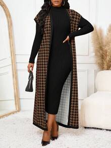 SHEIN Lady CURVE 棕色千鸟格撞色条纹开衫外套女背心上衣春夏秋季百搭单品大码夹克 - 棕色 - 查看 5