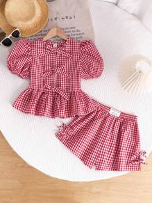 SHEIN 女宝宝休闲舒适圆领蝴蝶结装饰泡泡袖衬衫和短裤套装