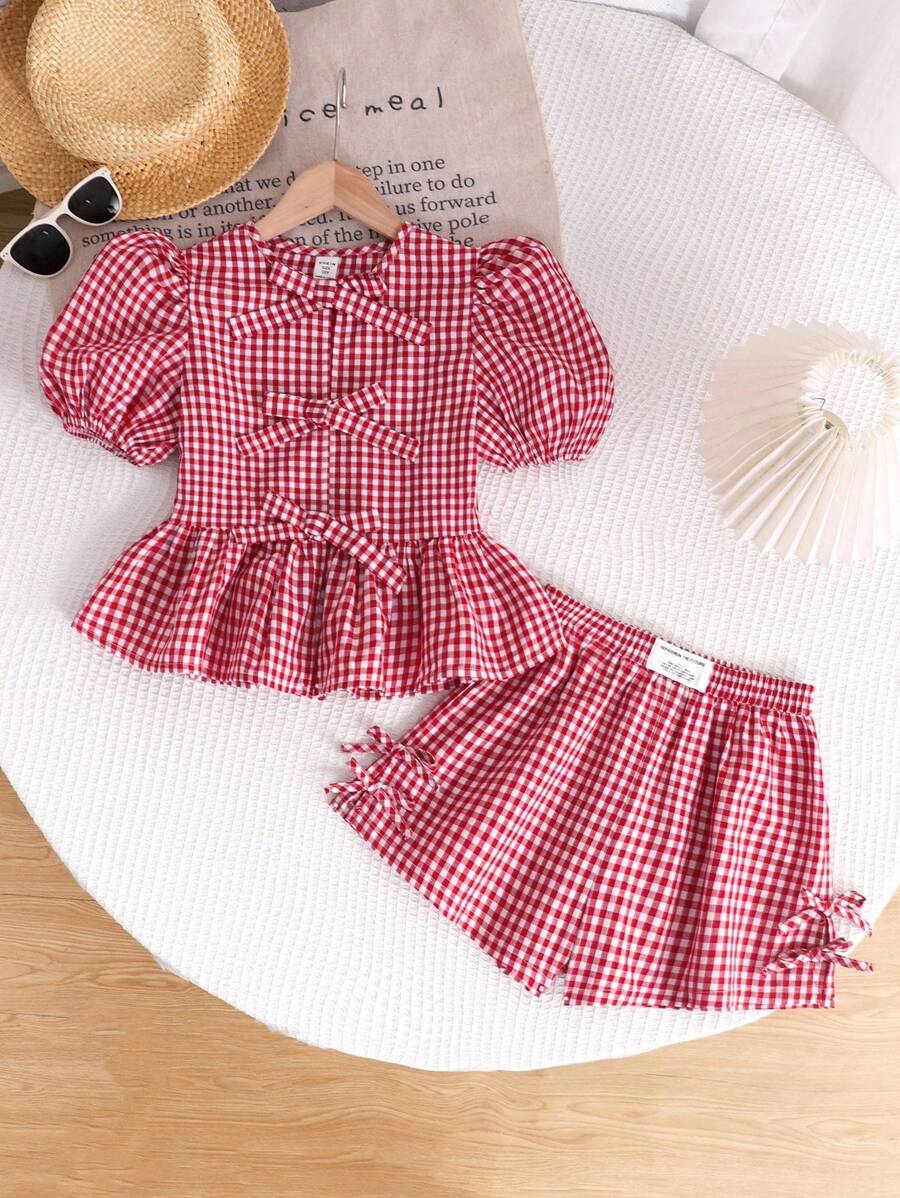 SHEIN 女宝宝休闲舒适圆领蝴蝶结装饰泡泡袖衬衫和短裤套装