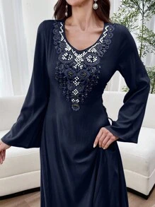 Al Najma Vestido casual de manga larga con decoración de perlas falsas, de estilo árabe modesto para mujer - Azul Marino - Ver 4