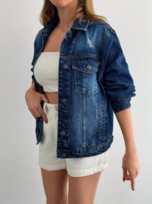 Cottnline 女式落肩长袖单排扣休闲宽松牛仔夹克 - 深色水洗藍 - 查看 4