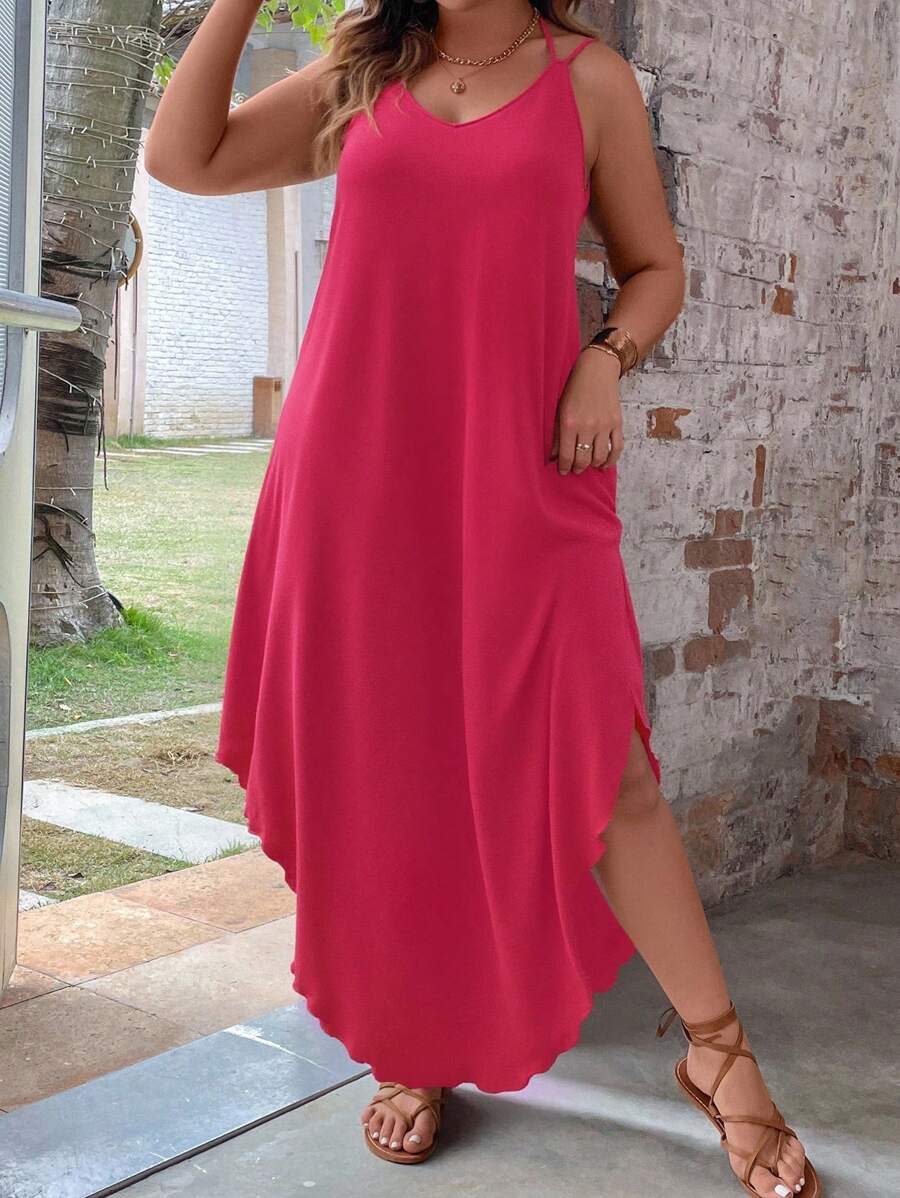 SHEIN LUNE Große Größen einfarbiges Urlaubskleid im Lässig-Stil mit geschwungener Saumkante, Maxikleid für Damen