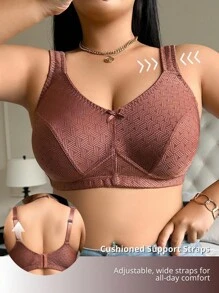 NudeFit 1件大码女士纯色优雅舒适柔软提花蝴蝶结装饰柔软海绵可调节肩带无钢圈文胸 - 棕色 - 查看 3