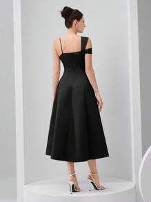 Modelyn Đầm xòe cổ lệch màu thanh lịch cho nữ - màu đen - Xem 5