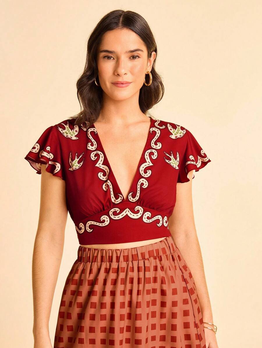 CAJUNI Blusa corta de escote en V de manga corta con estampado tropical divertido y estilo bohemio para vacaciones en la playa - Multicolor - Ver 1