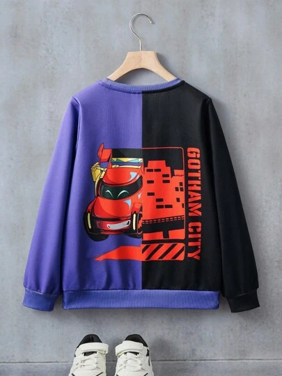 Batwheels X SHEIN Sudadera con bloques de color y gráfico de dibujos animados para niño preadolescente
