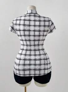 Sunspun Áo sơ mi kẻ caro tay ngắn, thắt eo cỡ lớn thường ngày - Nhiều màu - Xem 3