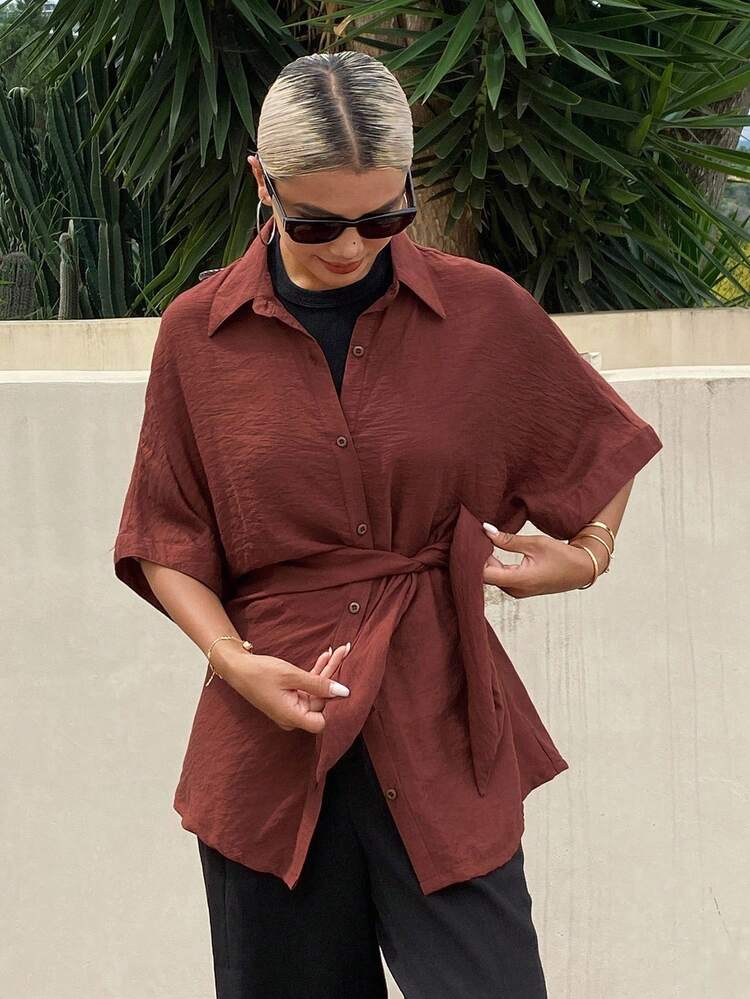 Fall Casual Solid Color Tie-Up Asymmetric Women Shirt