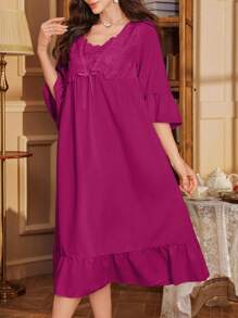 Women's 3D Embroidery 2 In 1 V-Neck 3/4 Sleeve Ruffle Hem Nightgown, Moo Moo, Fall, Winter