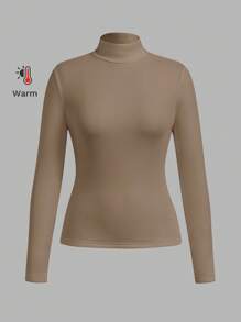 SHEIN BASICS 秋冬季基本款高领修身长袖纯色女式上衣，升级保暖内衬，时尚、休闲、舒适、百搭，不显臃肿 - 棕色 - 查看 8