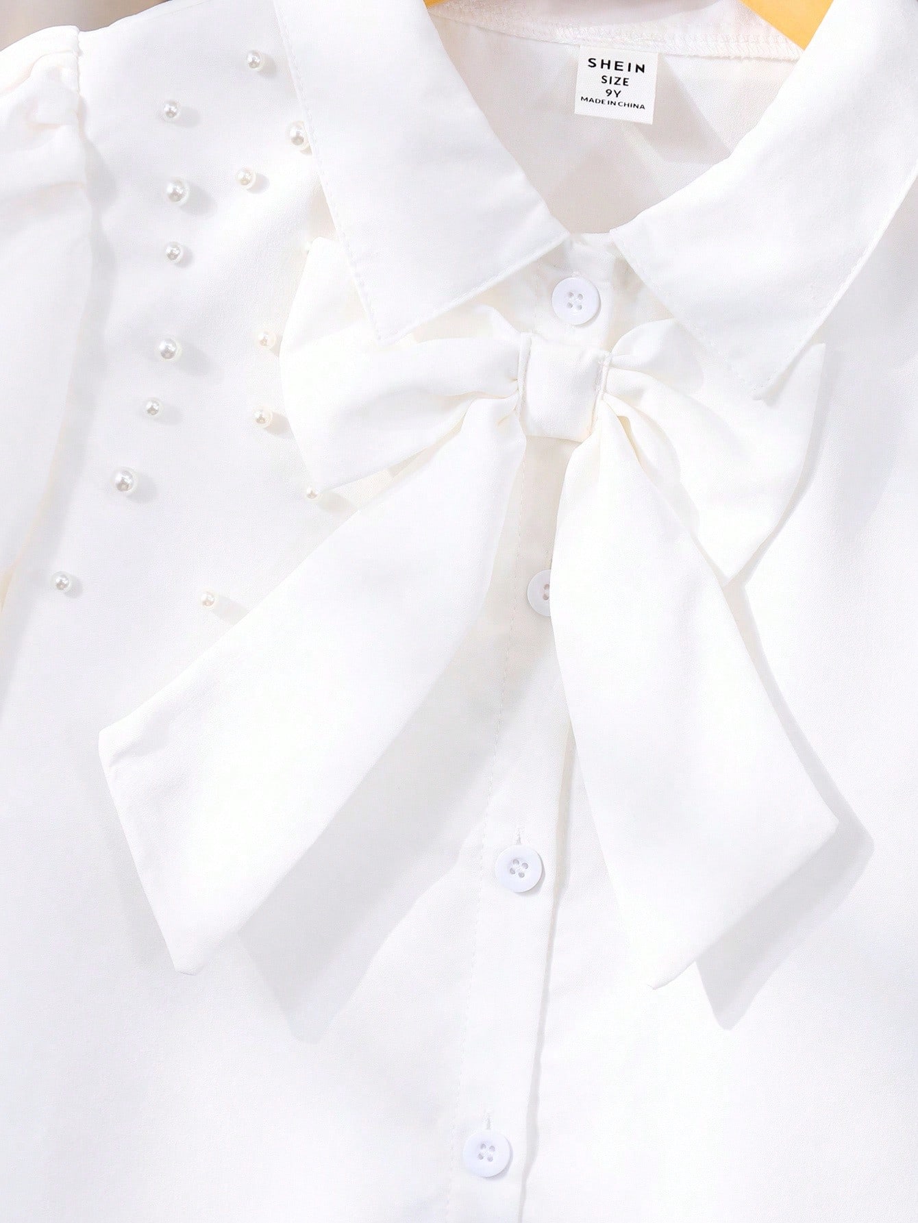 SHEIN بلوزة بأكمام فقاعية مزينة باللؤلؤ للبنات، ور...