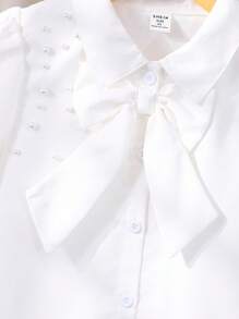 SHEIN 女童珍珠装饰肩泡泡袖衬衫，可拆卸蝴蝶结装饰，宽松版型，活力风格，舒适面料，适合与背带裙分层搭配或单独穿着，春秋季 - 白色 - 查看 4