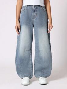 SUMWON 青少年女孩宽腿宽松牛仔裤 宽松筒形 Y2K 时尚秋冬超舒适宽松休闲街头服饰 - 藍色 - 查看 4