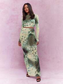 MISSGUIDED Oberteil mit Rüschen an den Seiten, transparente Mesh-Optik und langen Ärmeln sowie ein Maxirock mit weitem Saum, Zweiteiler-Outfit mit Tiermuster - Verschiedenfarbig - Übersicht 1