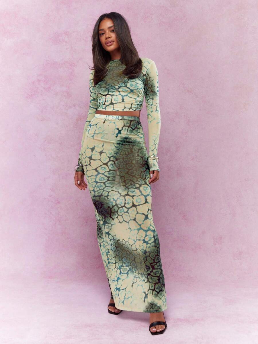 MISSGUIDED Oberteil mit Rüschen an den Seiten, transparente Mesh-Optik und langen Ärmeln sowie ein Maxirock mit weitem Saum, Zweiteiler-Outfit mit Tiermuster - Verschiedenfarbig - Übersicht 1