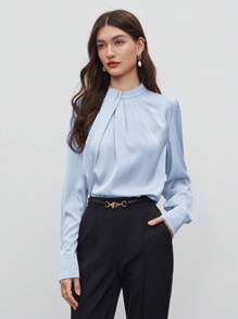 BizChic Top Feminina com Gola Alta Pequena, Design Assimétrico, Decoração Plissada, Ajuste Solto, Top de Manga Longa, Elegante Minimalista Casual para Ir ao Trabalho, Encontro, Uso Diário, Férias, Dia da Independência, Temporada de Formatura, Festival de Música, Emagrecedor, Elegante, Versátil, Premium, Verão, Social, Feriado, Festa, Passeio, Praia, Escritório, Vintage Francês, Fresco - Azul Empoeirado - Visão 3