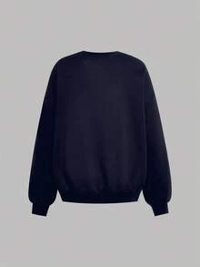 SHEIN Girlism 少女蓝色/秋/冬/针织休闲宽松爱心印花卫衣和喇叭裤两件套 - 藏蓝色 - 查看 7