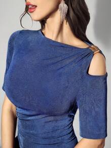 Modelyn Women's Elegant Solid Color Asymmetric Neckline Fitted Dress