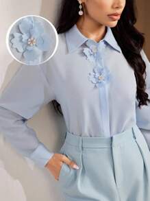 Veilorie 女式花卉装饰落肩长袖单排扣优雅衬衫 - 藍色 - 查看 2
