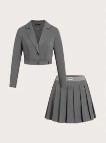 Sweetra Plus Size Solid Color Blazer Collar, Elastic Back, 2 In 1 Pleated Skirt Suit, Spring/Autumn Fall Cloth For Women Winter - Grey - View 1