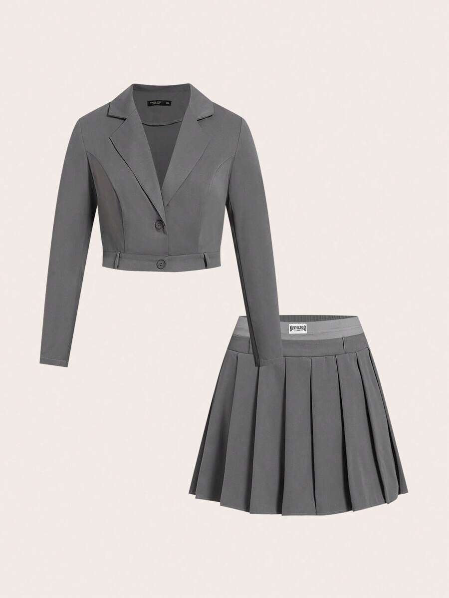 Sweetra Plus Size Solid Color Blazer Collar, Elastic Back, 2 In 1 Pleated Skirt Suit, Spring/Autumn Fall Cloth For Women Winter - Grey - View 1