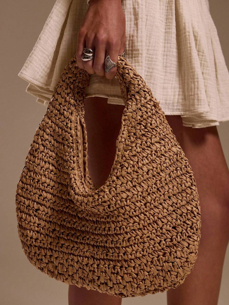 MUSERA Woven Straw Effect Handbag - Brown - View 1