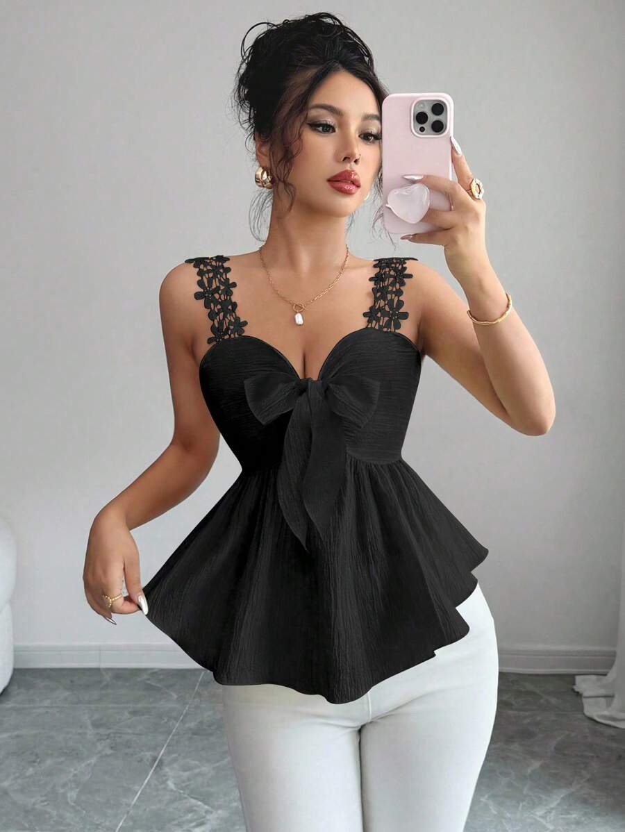 Elenzga Mùa mới Hàng mới về Vải có họa tiết Phong cách Pháp tối giản Dây thắt nơ Áo không tay mùa xuân và mùa hè - màu đen - Xem 1