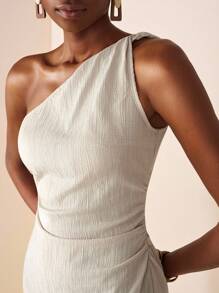 Zivah 2025 夏季新款休闲度假修身纯卡其色纹理编织单肩无袖侧褶女式长裙，通勤，海边，度假，旅行，邮轮，海滩，波西米亚风，游牧风，日常旅行，毕业，早午餐装，机场装，休闲，返校-A - 卡其色 - 查看 8