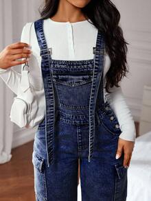 SHEIN ICON Casual Fashion Versatile Pocket Wide Strap Women Denim Overalls - Dark Wash - View 5