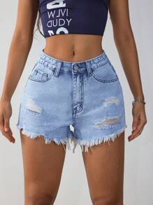 SHEIN Essnce Denim Distressed Shorts, Fashion For Summer - Light Wash - View 5