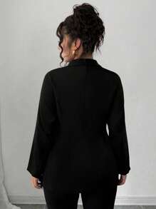 Elenzga Plus Size Women Lapel Collar Ruffle Hem Tie Front Blazer Jacket, Minimalist Plain Color, For Work And Commute Fall Cloth For Women - Black - View 2