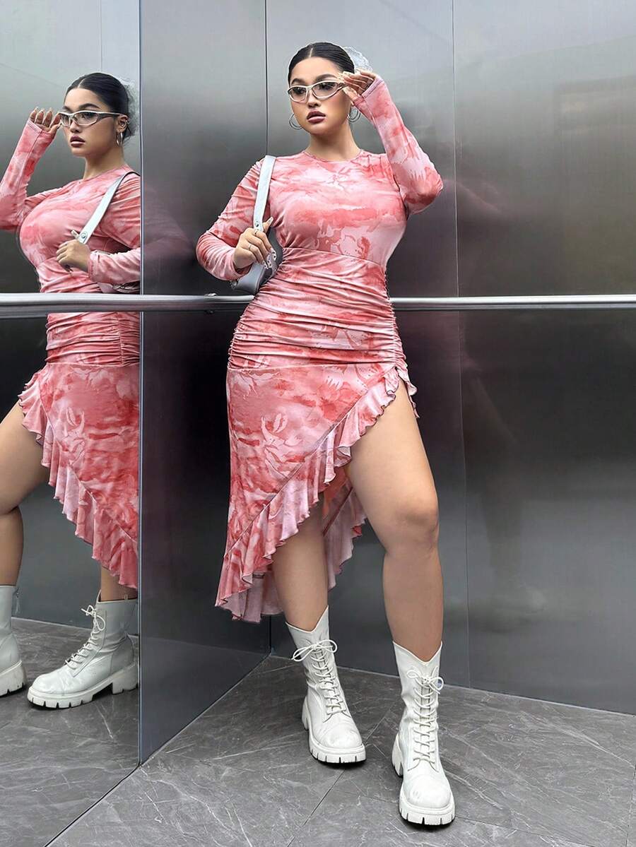 SHEIN EZwear Plus Size Women's Party Wear Party Wear Asymmetric Hem Slit Lotus Leaf Dress,Summer Dresses For Women,Fall,Winter,Country Concert Outfit,Rave,Casual,Tie-Dye,Night Out Outfit