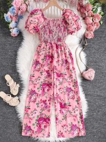 Sparklyn Girls' Allover Print Jumpsuit With Square Collar And Puff Sleeves, Summer Vacation Style - Pink - View 2