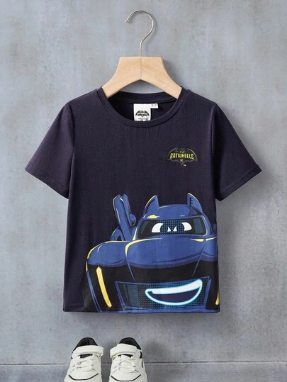 Batwheels X SHEIN Camiseta de manga corta de cuello redondo con estampado de coche, informal para niño, verano