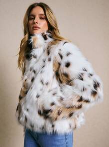 Poéselle Women's Fashionable Leopard Print Faux Fur Coat, Autumn/Winter, Fur Jacket, Leopard Print Coat, Animal Print Coat, Faux Fur Jacket, Snow Leopard Coat - Black and White - View 5