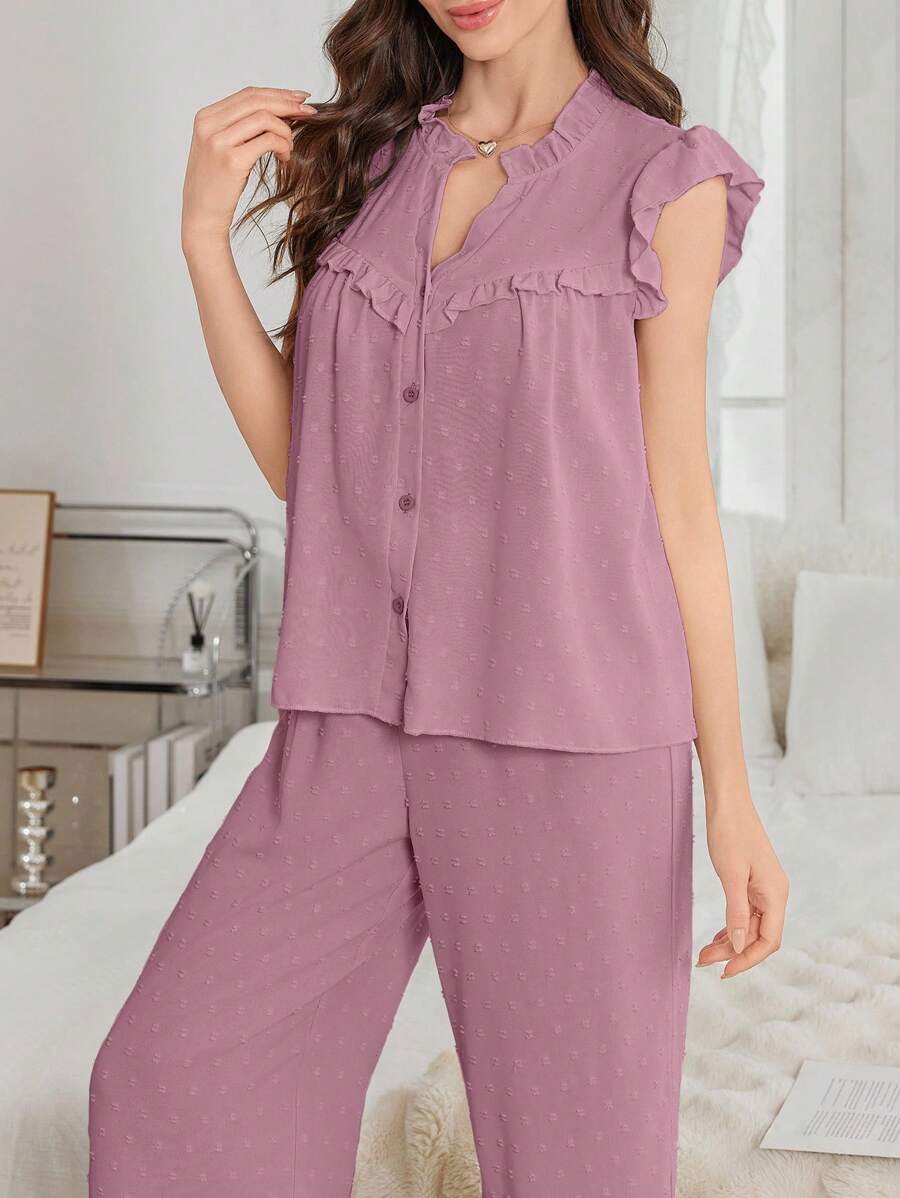 Conjunto de pijama de mujer con cardigan de cuello en V con volantes y estampado de lunares jacquard y pantalones - Rosa vieja - Ver 1