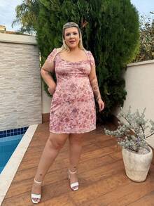 magalhaesca 夏季大尺碼網眼短袖連衣裙，前方空心設計，褶皺裝飾，迷你款式 - 彩色 - 查看 4