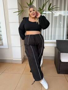 magalhaesca Plus Size Women Elastic Waist Drawstring Cargo Pants With Hem Embellishment - Black - View 2