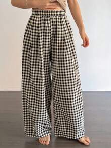 DAZY 格子松紧腰宽松女式家居裤，秋季睡衣 - 黑與白 - 查看 6