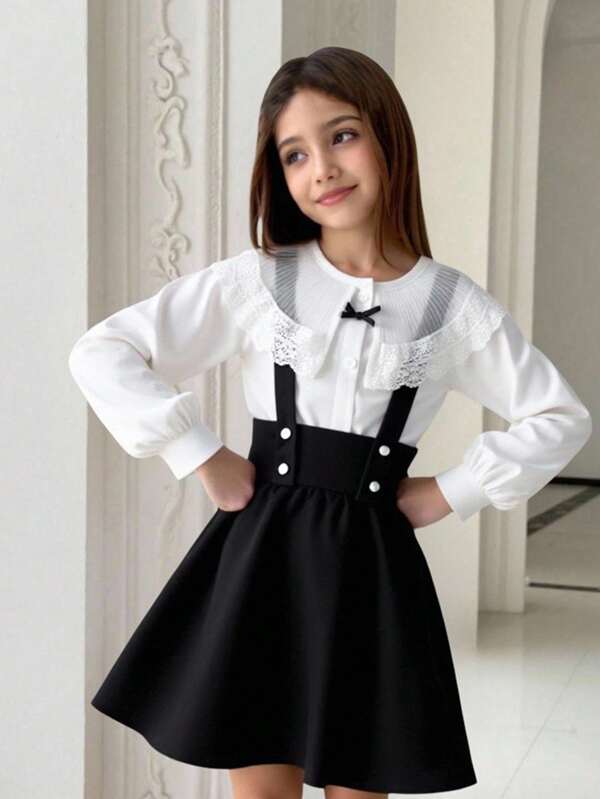 Everyday Casual Round Neck White Polyester Top With Elegant Lace Trim And Button Front Teen Girls Elegant Long Sleeve Dresses Girls School Clothes Teen Girls Sets Girls Black And White Dress