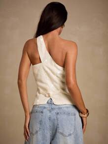 Glamine 女式纹理亮片编织无袖单排扣休闲办公室通勤百搭夏季上衣 - 杏色 - 查看 2