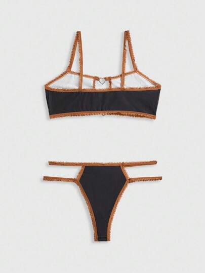 Kawaii Ensemble de soutien-gorge sans fil en métal avec motif de cœur en dentelle et ourson mignon pour femmes